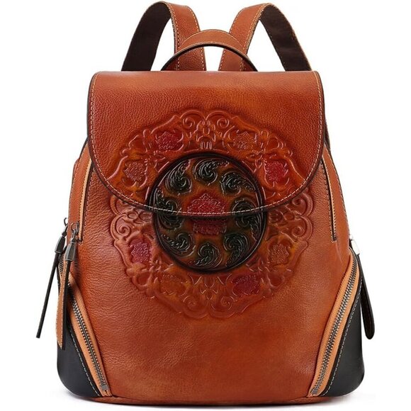 ?Women brown Small Genuine Leather Backpack Fashion Vintage Embossed Totem Bag
